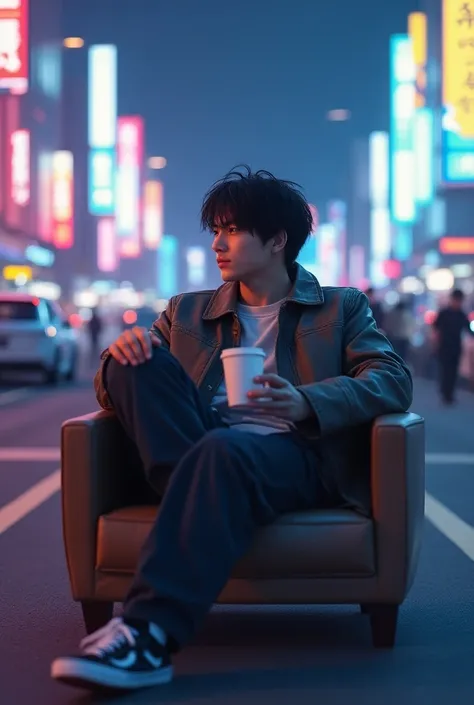 a young man shorty black messy haircut, wear outfit jacket clothes, long pant clothes, wear vans shoes, sit down in elite chair while crossed legs middle road while holding white coffee glass cup, natural, sweetly smile, future places, colorful lighting su...