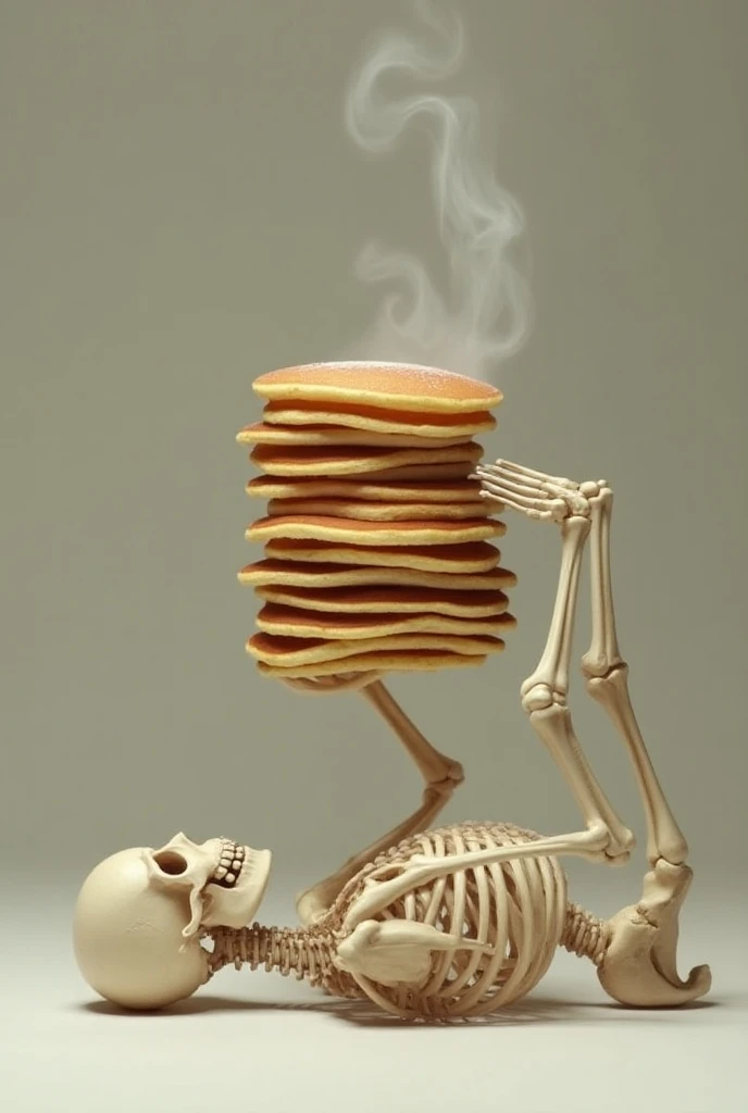 create a realistic image of pancakes on top of a skeleton 