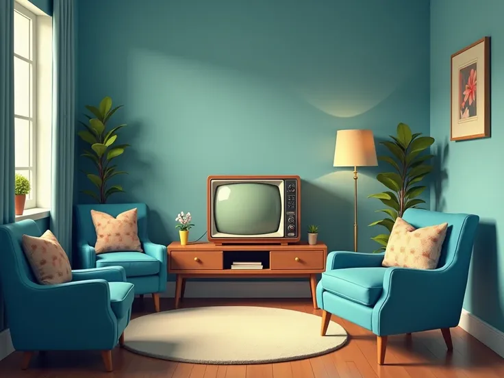 Interior of an apartment in blue from the 1950s-60s. Armchairs, furniture, retro TV on the table