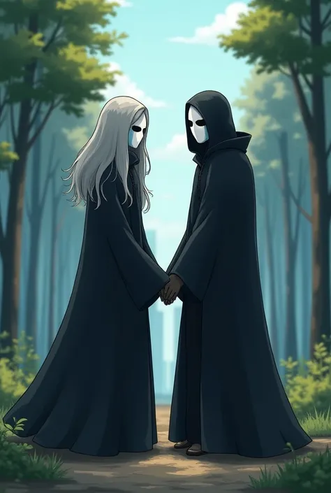 (2female, couple) faceless, mask (white face mask, black eyes/) grey hair, long hair, blue long cape, (cape covering full body/), cape touch the ground, used cape to covered, standing, forest, city, day, faceless, mask (white face mask, Blue lining, black ...