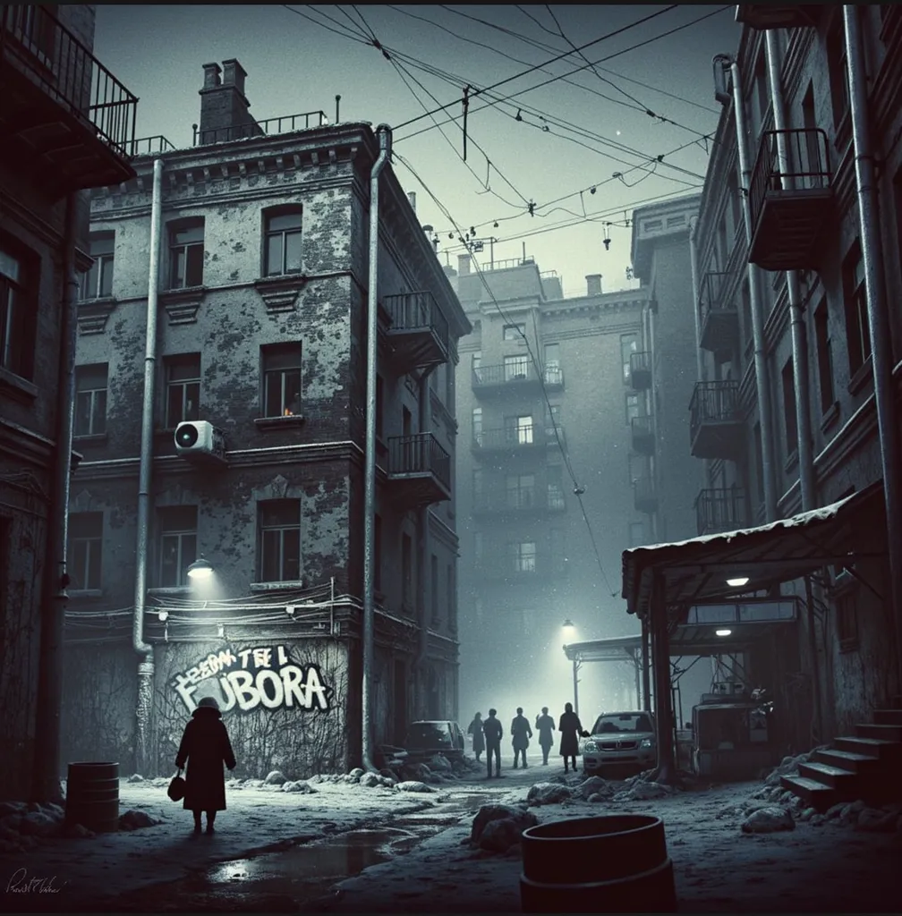 create a super realistic image of an alley at night .  in the background on the right, depict the silhouettes of a group of peop...