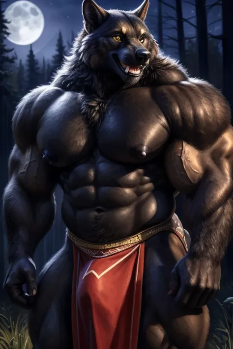 Alone, ((werewolf)), ((black body)), (Erect ears), (( beautiful yellow eyes )), high, (Height: 255 cm ), (Weight: 280kg ), ((wearing a long tribe cloth thong on private parts )), ( tribal tattoos painted on arms and breasts color red), ( indigo facial pain...