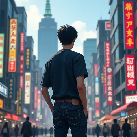 young Japanese guy standing with his back in Tokyo