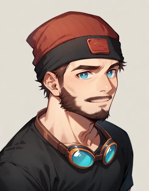 Solo ,human Male 23 Years old ,Adolescent   , Brown Hair  ,blue pupils ,Simple background, Black shirt , short Beard , red beanie ,goggles_on_head 