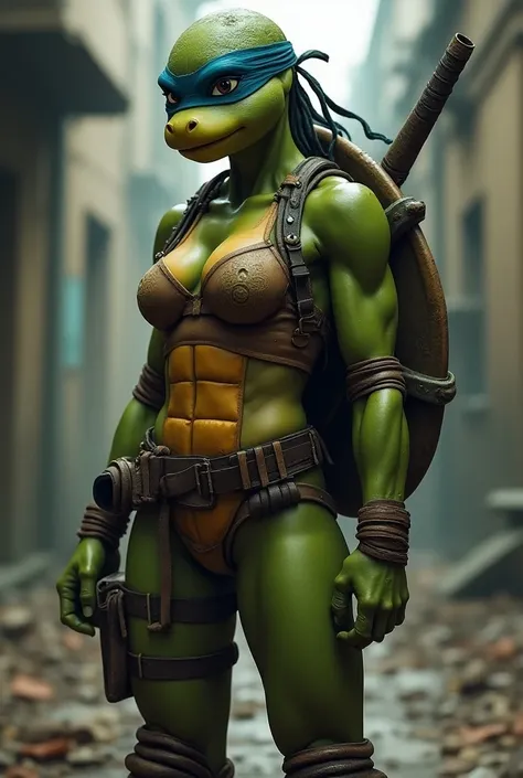 Create an image of a female Teenage Mutant Ninja Turtle inspired by the classic characters. She should have the signature green skin and a turtle shell on her back. Dress her in a warrior-style , including a sports bra, belts, straps, and armor pieces. Add...