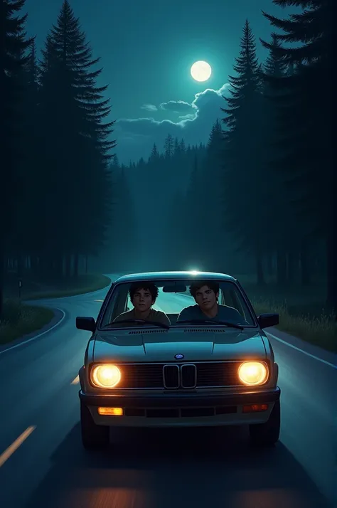 Two male friends driving car in night time 