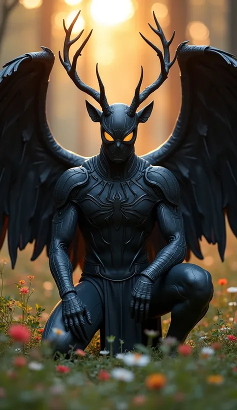 "A fearsome hybrid of Spider-Man and a stag kneels in a forest at dusk. Their body is covered in sleek black armor, with antlers atop their helmet and dark wings on their back. Golden eyes glow with wisdom and power, as wildflowers bloom around them, bathe...