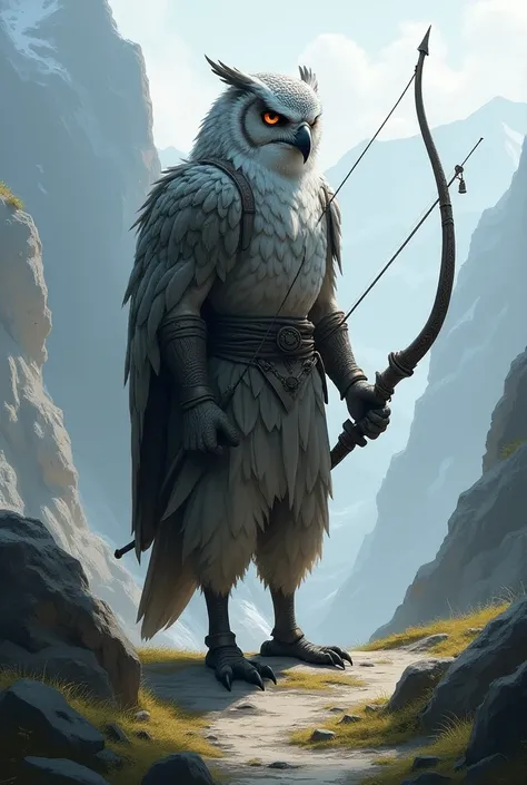 A tall archer owlfolk with grey feathers and without wings.