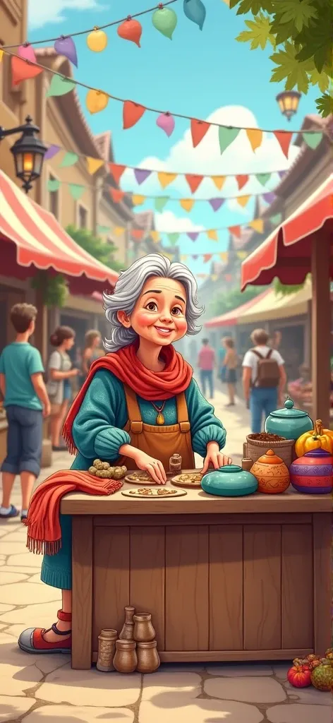 Cartoon of an elderly lady at her craft stall in the market square