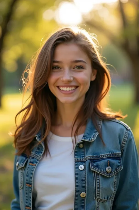 An 18-year-old girl with a cheerful smile, wearing casual clothes like a denim jacket and a white T-shirt, her brown hair flowing loosely over her shoulders. She stands in a sunlit park with trees and greenery around her, looking directly at the viewer wit...