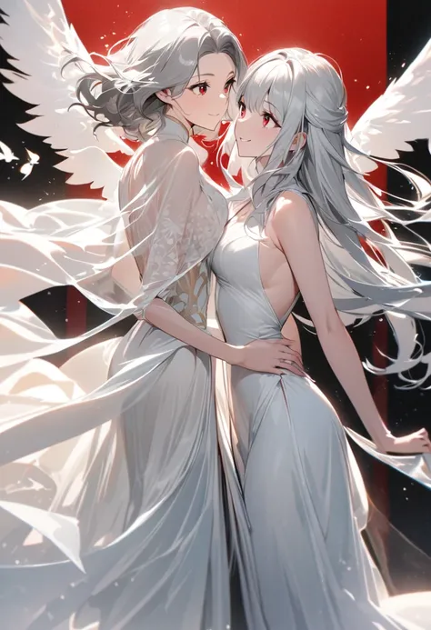 ( couple , Two Daughters of a Beautiful Silver-Haired Woman ), big moist red eyes, Looking at each other,  smiling and dressed in white ,  Delicate hair  ,  Ancient Chinese Beauty and a Girl with Angelic Wings,  A woman in a white dress holding a , Flowing...