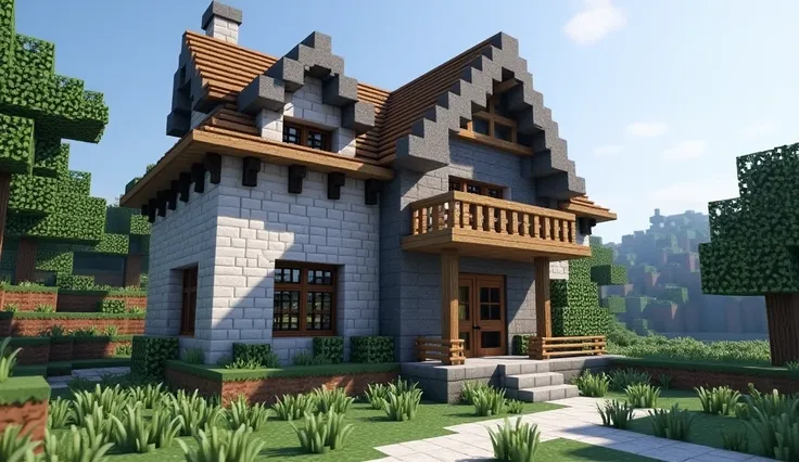 make a minecraft house not too big, but not too small that is 2 floors and with the following materials gray concrete white concrete wood rock