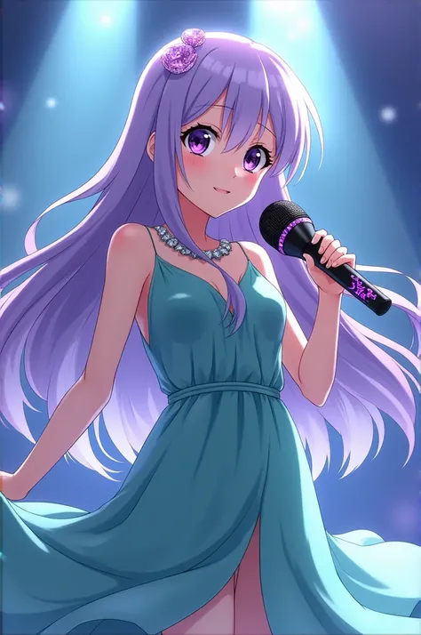 A girl with long, trained light purple hair and dark purple eyes who wears a lake green dress with a microphone with black diamonds and Sora embedded in the microphone handle and written with purple diamonds, Akira on a singing stage. ( Anime style)
