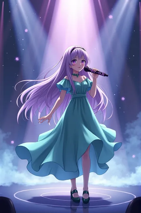 A girl with long, trained light purple hair and dark purple eyes who wears a lake green dress with a microphone with black diamonds and Sora embedded in the microphone handle and written with purple diamonds, Akira on a singing stage. ( Anime style)
