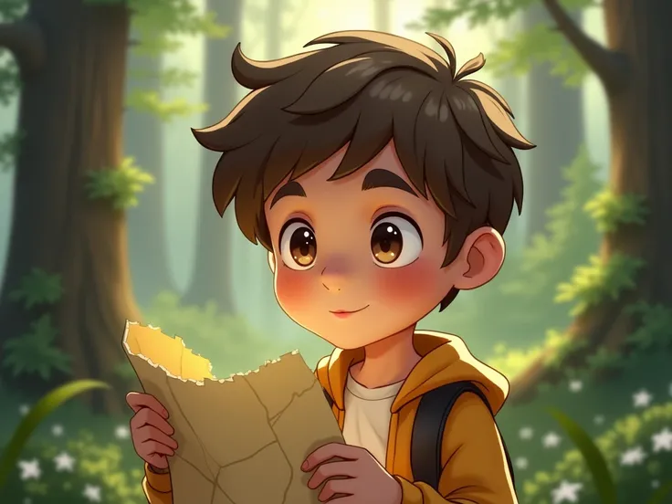 A fair-skinned boy ,  short hair and brushed aside .  His brown eyes convey curiosity ,  and he has a simple and calm style .  his features would have soft and friendly details.  he appears in a forest environment ,  looking curiously at a map 