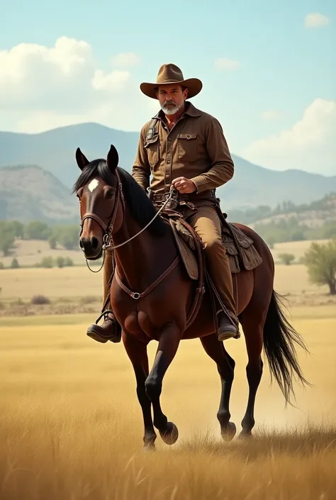 A man with his horse, his leather garment, a cattle man with his whip, his leather hat and his machete around his waist, going down the field with his horse. 