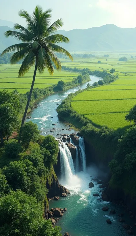 Flatten the countryside , Indonesia,  river there is a path , and there is a coconut tree and there is running water in the rice field,and there is a waterfall to the river the picture must be realistic satellite