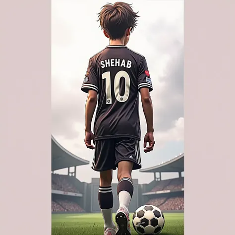 the image footballer boy, name SHEHAB written in the joursey,grass,stadium,backside pic