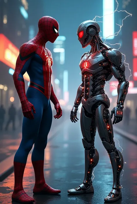 Create the picture of Spider-Man and the machine boy full of electric gadgets in its body and running electric spark in its body standing front office other ready for the fusion both are standing in the mystical city at the night time