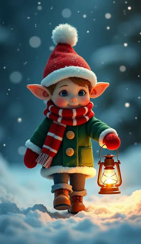  A little Christmas elf walking in the snow :1.3) (dark starry sky :1.2) ( Lantern in his hand emitting a warm and soft light :1.4) ( Pointy ears and an adorable and concentrated expression :1.3) (Red Christmas hat with a large pompom :1.2) ( Striped wool ...