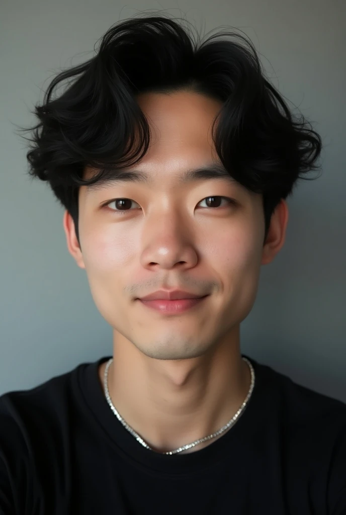 THIS IS A CLOSE-UP SELFIE OF AN ASIAN MAN. HE HAS SHOULDER-LENGTH DARK HAIR STYLED IN LOOSE CURLS AND SHOULDER-LENGTH. HE IS WEARING A BLACK T-SHIRT AND A SILVER CHAIN NECKLACE. THE MAN IS LOOKING STRAIGHT AT THE CAMERA WITH A SLIGHT SMILE ON HIS LIPS, THE...