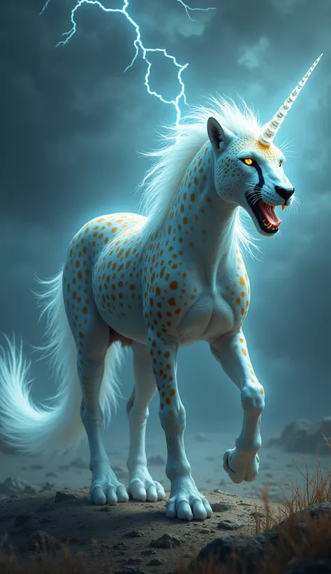 Create a fearsome hybrid creature that merges the sleek, agile features of a Cheetah with the majestic, magical essence of a Unicorn into one seamless, monstrous entity. The body should combine the lean, muscular build of a Cheetah, covered in the signatur...