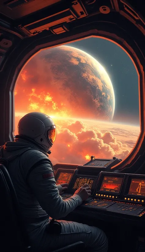 the view of the Earth exploding in flames from inside the cockpit of a spaceship, the end of the world