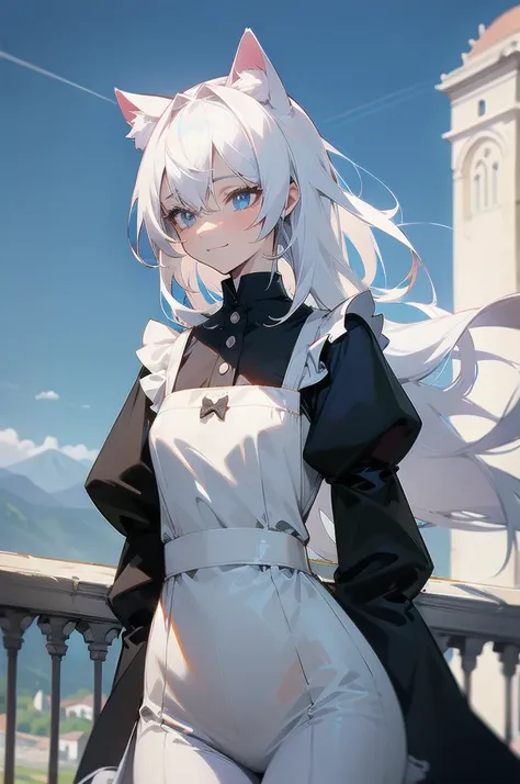 (Absurd), cute girl, upper body, slim body, perfect body, legs out of frame, maid outfit, cat ears, (albino)Italy, mountain pass, [strong wind, view], arrogant smile, tipsy, [looking away], Expressionless