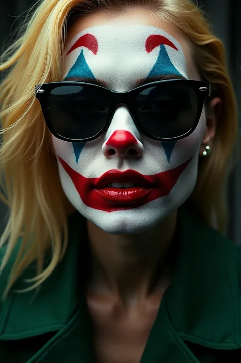 Blonde woman with sunglasses and a joker face