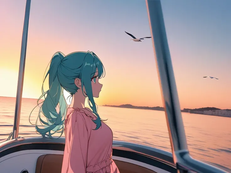 Anime woman, ,soft hair,turquoise hair,one  long hair,ponytail,turquoise eyes,،summer pink  outfit , in Yacht , sea , gull,blue sky,sunset دقة عالية, عمل رائع, علم التشريح صحيح, دقيق, أفضل جودة, 