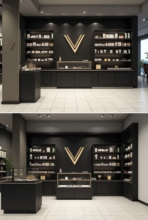 Give me a beautiful visual design for a vape shop wall with a V shaped logo having dimensions 2ft. By 2ft. in the center and shelves around it and dimensions are 8.6ft length and 3.3 ft height and a vertical distance of 6in. Between the shelves. Also take ...