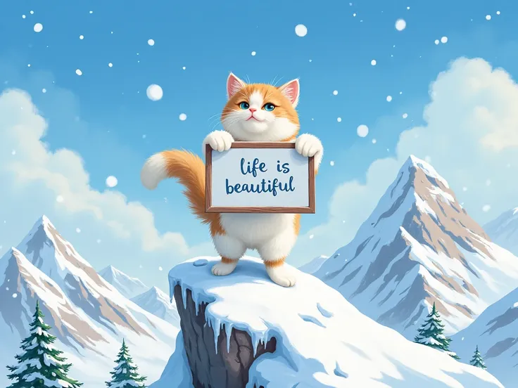  a cat holds a sign with the text "LIFE IS BEAUTIFUL ",  winter, Snowing, Mountain top