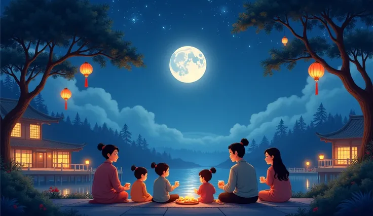 Night Sky: Illustrate a deep blue night sky with the moon hanging high and stars twinkling, with moonlight casting on the ground.

Moon Outline: Depict the clear outline of the moon, using subtle moonlight to outline its shape.

Forest: Draw the silhouette...