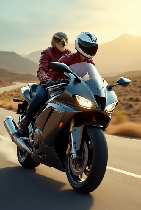 Falcon with his girlfriend wearing helmets on a sports bike . With small human features 