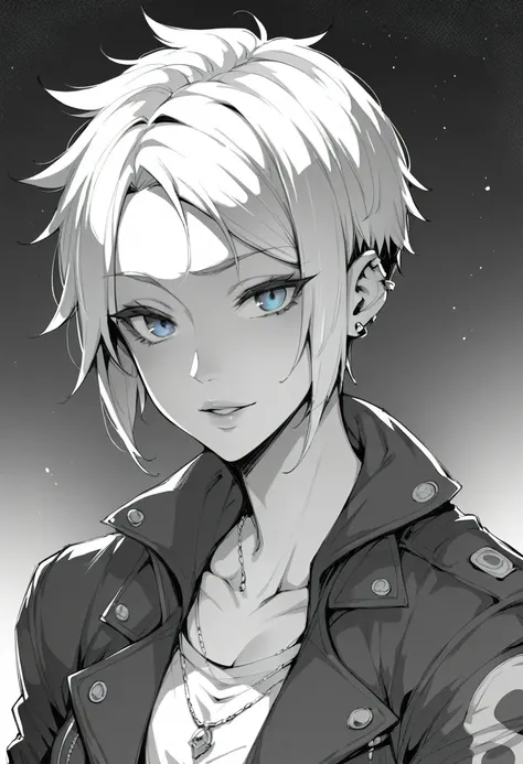 monochrome,a person,punk jacket,white hair, short hair,permanent, heavenly blue eyes ,an illustration,night city