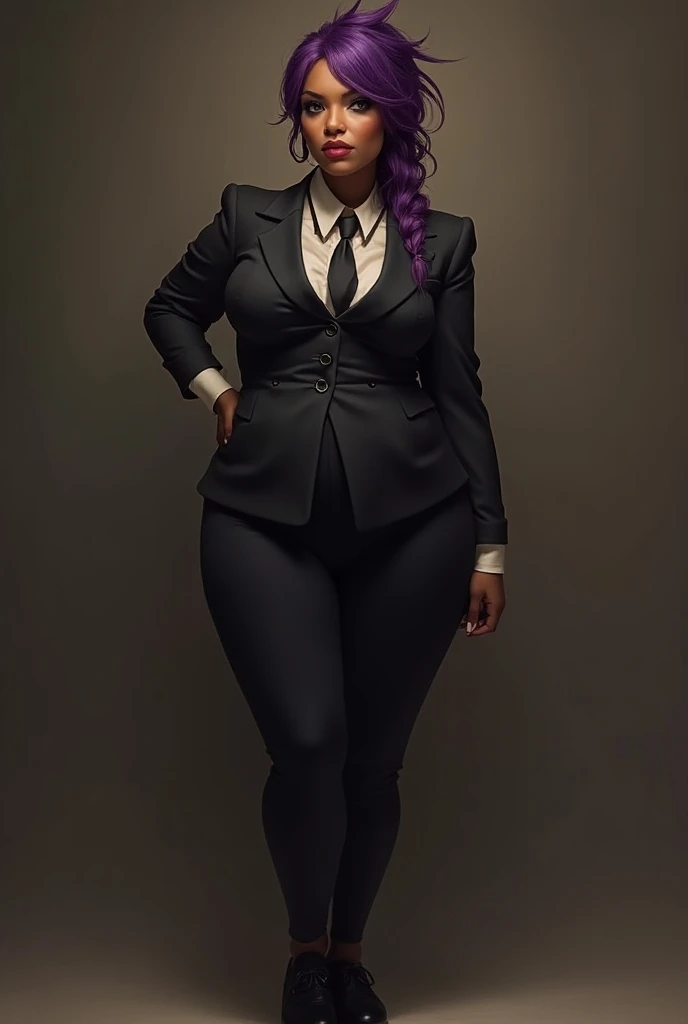  high with a thin waist and thick hips and legs .  She has warm brown skin and purple hair tied to a small spiked bread. she has big eyes,  a small rectangle shaped like a nose and thin lips .

wearing formal clothing , , this being a suit over a dress shi...