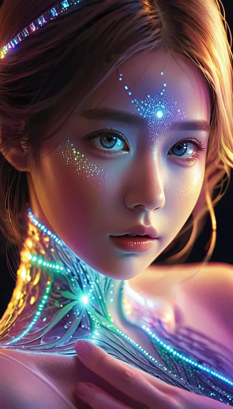 Eye close-up, fractal，Shine，One girl，Glittering, Veera, Extremely small light-emitting quantum dots, Extraterrestrial