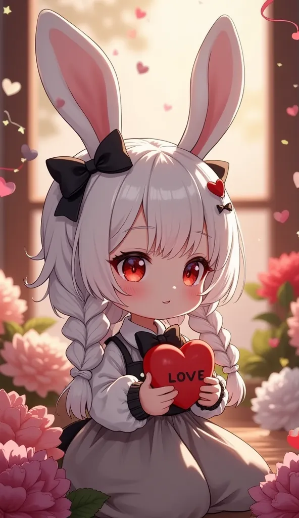 cute anime-style little boy \(red eyes, white rabbit ears , 光沢のある白いシルクin刺繍されたきれいな白いドレスを着ています,  lavishly braided long white hair ...