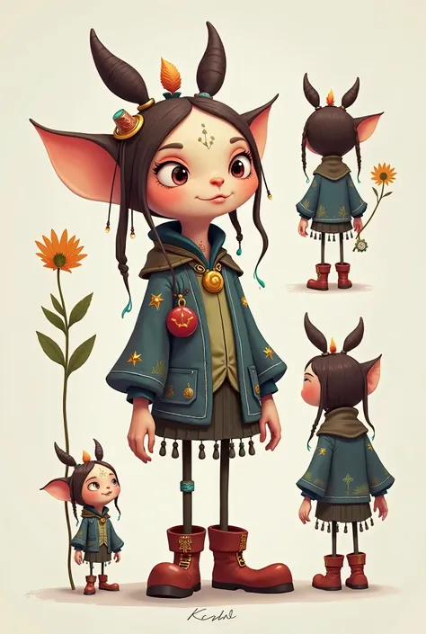 A 2d character  somewhat strange looking but cute and wearing so many things, looking like a little bit mythical creature and generate this same character with so many angles 