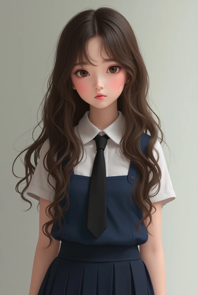 Young teenage woman ,  long wavy brown hair,  brown eyes, white pele, Rica she is wearing a schoolgirl outfit. realistic 