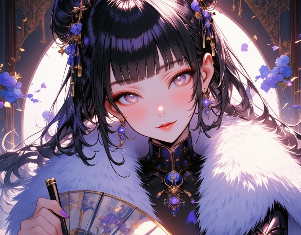 1woman, beautiful,  streaked hair, black hair, blunt bangs, bangs, double bun, braid, twin braids, topknot, lips, red, beautiful瞳, Long, narrow eyes, eyelash:1.2,  China dress ,  slit , fan:1.1, Big fox fur, Wear around the neck, Thighs, Charming, セクシーなThighs BREAK ((UHD, high details, best quality))