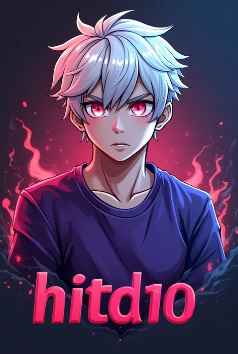 Logo, young man with white hair , red eyes, purple shirt ,  and whose lower part says HITD10 GAMER 
