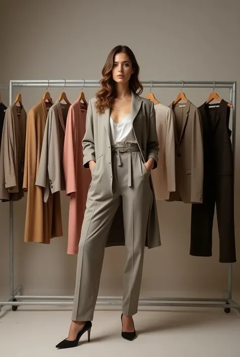 woman modeling clothes ,  on the side of the clothes she models hanging as a sample of different clothes 