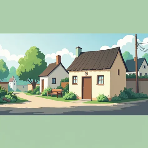  simple house 
The place :  Outside the simple house a quiet village

Detail :  The street in front is a bit quiet .  there are plants on the edge of the house . There is a place to relax behind the house . there are several other houses some distance arou...