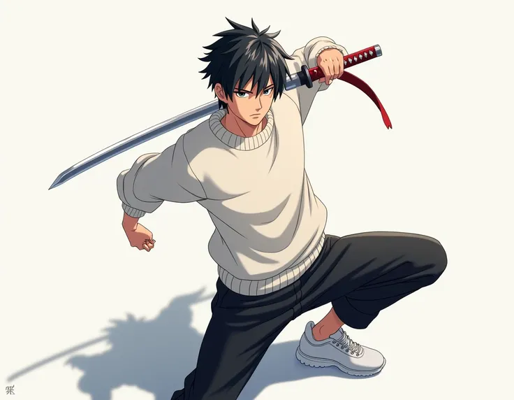 Anime style, male, 20 years old, black hair, modern clothes, white big sweater, black pants, white shoes, holding a katana