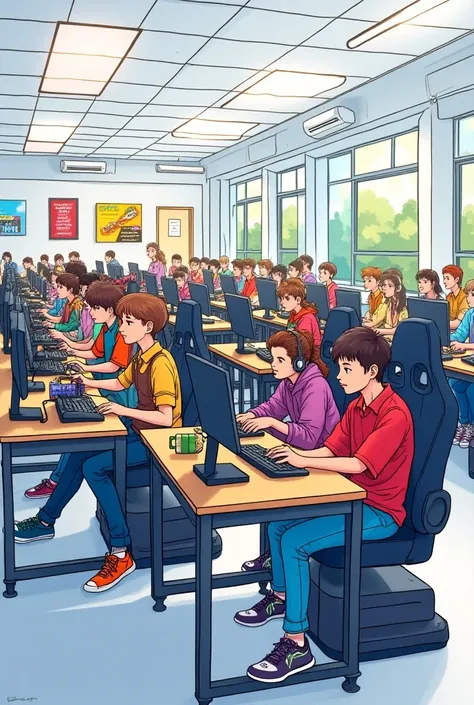 Classroom with gamers and steering wheel setups gaming with the chairs the image must be a coloring page