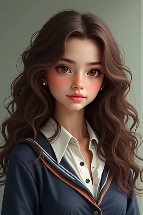 Young teenage woman ,  long curly brown hair,  brown eyes, white pele, Rica she is wearing a schoolgirl outfit. She is Argentinian . realistic 