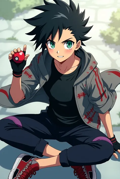  Seventeen-year-old anime boy with black hair one eye black and the other emerald green fisco marked a scared black t-shirt a gray jacket with dark red stripes black pants with purple black fingerless gloves red sports shoes with a poke ball in his hand (P...