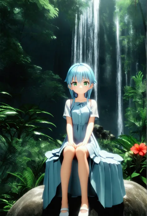 3D anime, beautiful girl with light blue hair, light green eyes, there is a small red flower on the left ear, height 165 cm, 20 years old, wearing a thin light blue dress, the girl is sitting on a large rock and facing the camera, a humid forest waterfall