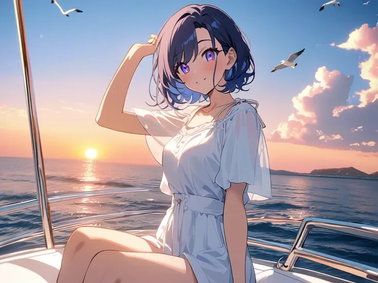 Anime woman,1 woman,  ,short hair,dark blue hair ,pruple eyes,summer outfit , in Yacht , sea , gull,blue sky,sunset دقة عالية, عمل رائع, علم التشريح صحيح, دقيق, أفضل جودة, 